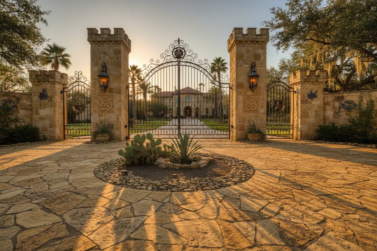 Motor court and gated entry, stonework detail